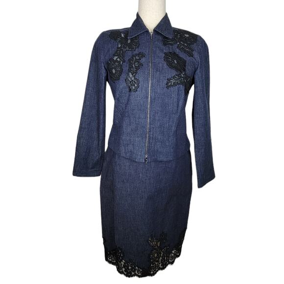 HOLT RENFREW Stretch Denim and Lace Jacket Size XS and Pencil Skirt Size 6 - Picture 2 of 13